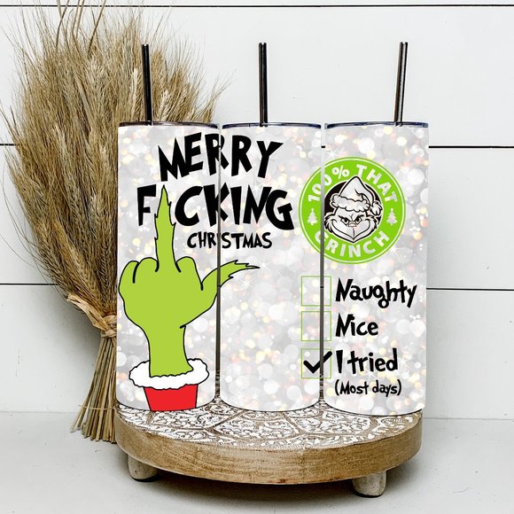 The Grinch Merry Fu***** Christmas 20oz Tumbler With Metal Straw - Picture 2 of 2